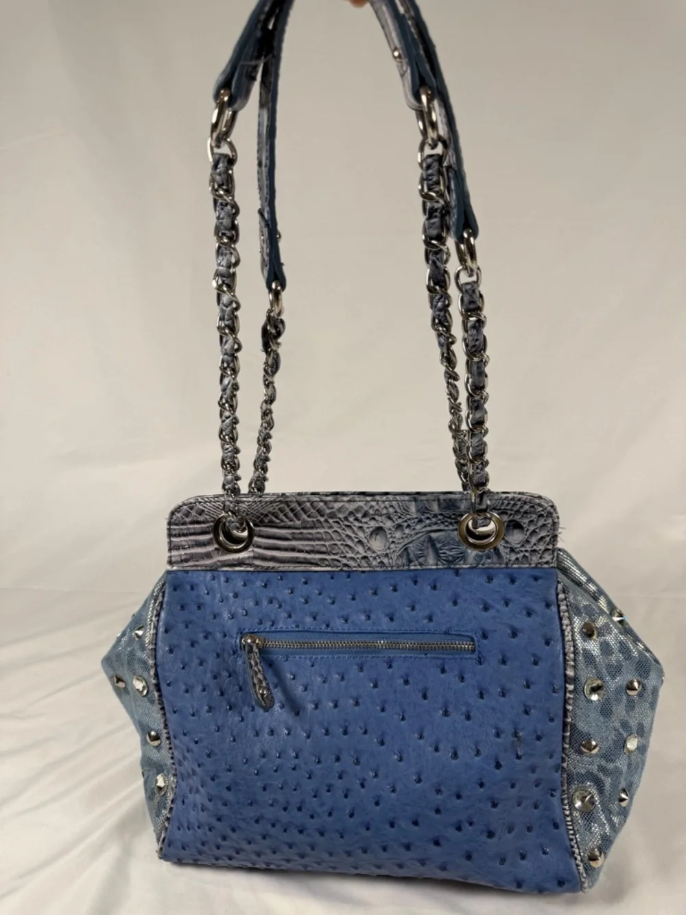 Blue Faux Ostrich Studded Chain Shoulder Bag Y2K Western Glam